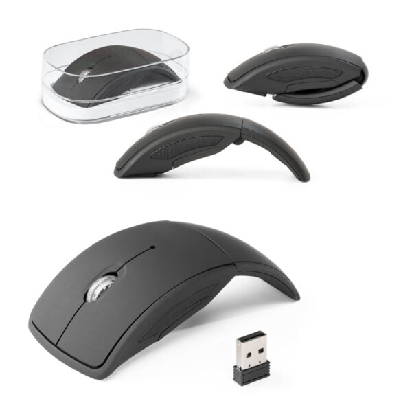 Mouse Personalizado: Mouse wireless dobrável 2.4G. em ABS com acabamento emborrachado. Incluso 2 pilhas AAA. Fornecido em caixa transparente.